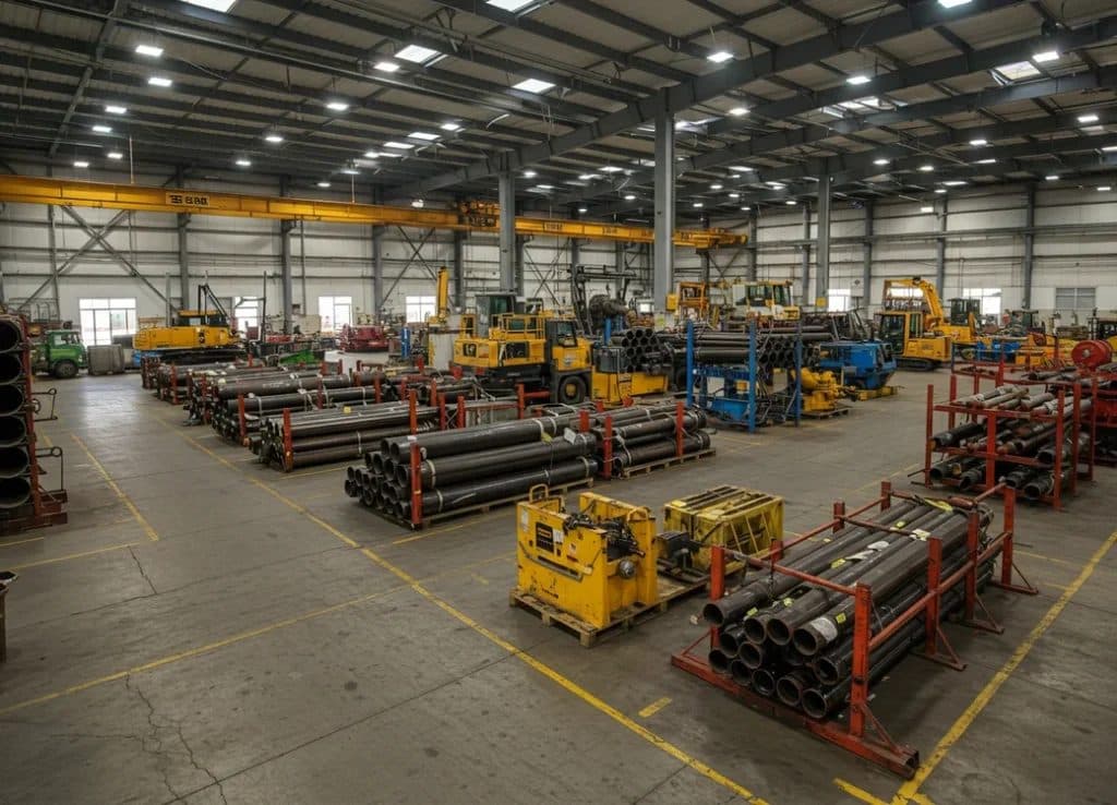 Nave industrial con tubería de acero apilada y maquinaria